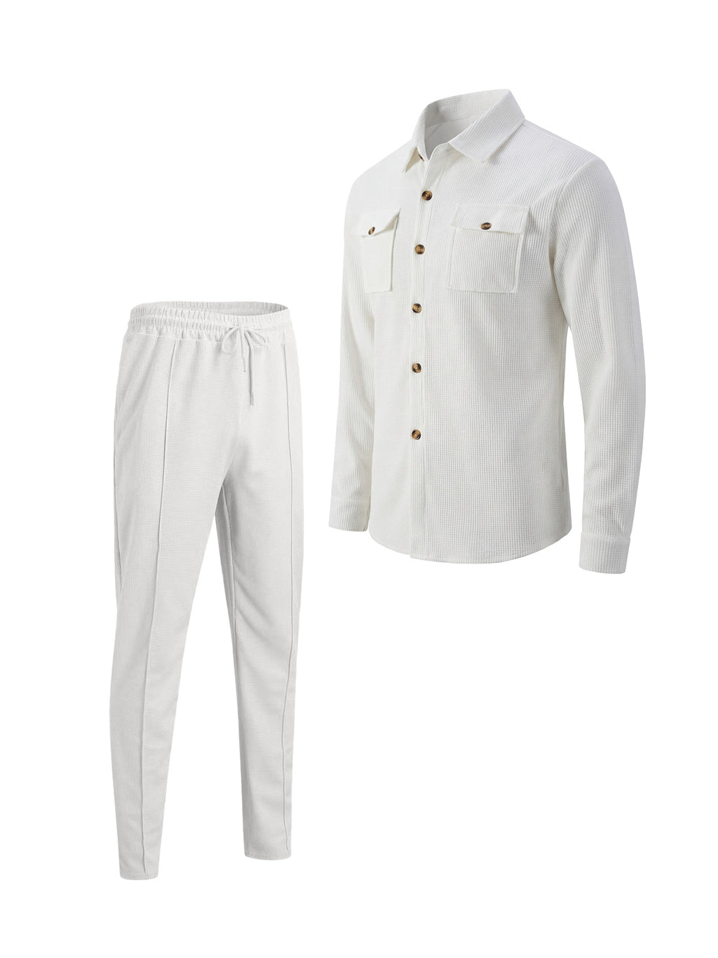 Men's Casual Waffle Solid Color Track Suit Long Sleeve Lapel Jacket and Pants Two-Piece Set teemdrop