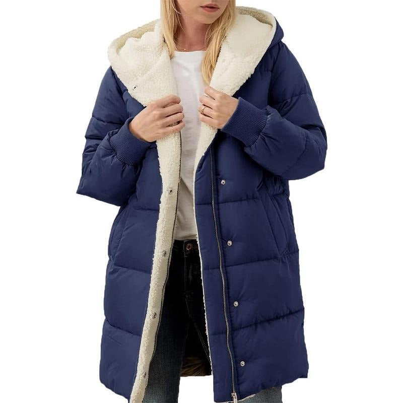 Solid color hooded cotton-padded jacket long-sleeved double-sided velvet slim-fit elegant cardigan teemdrop