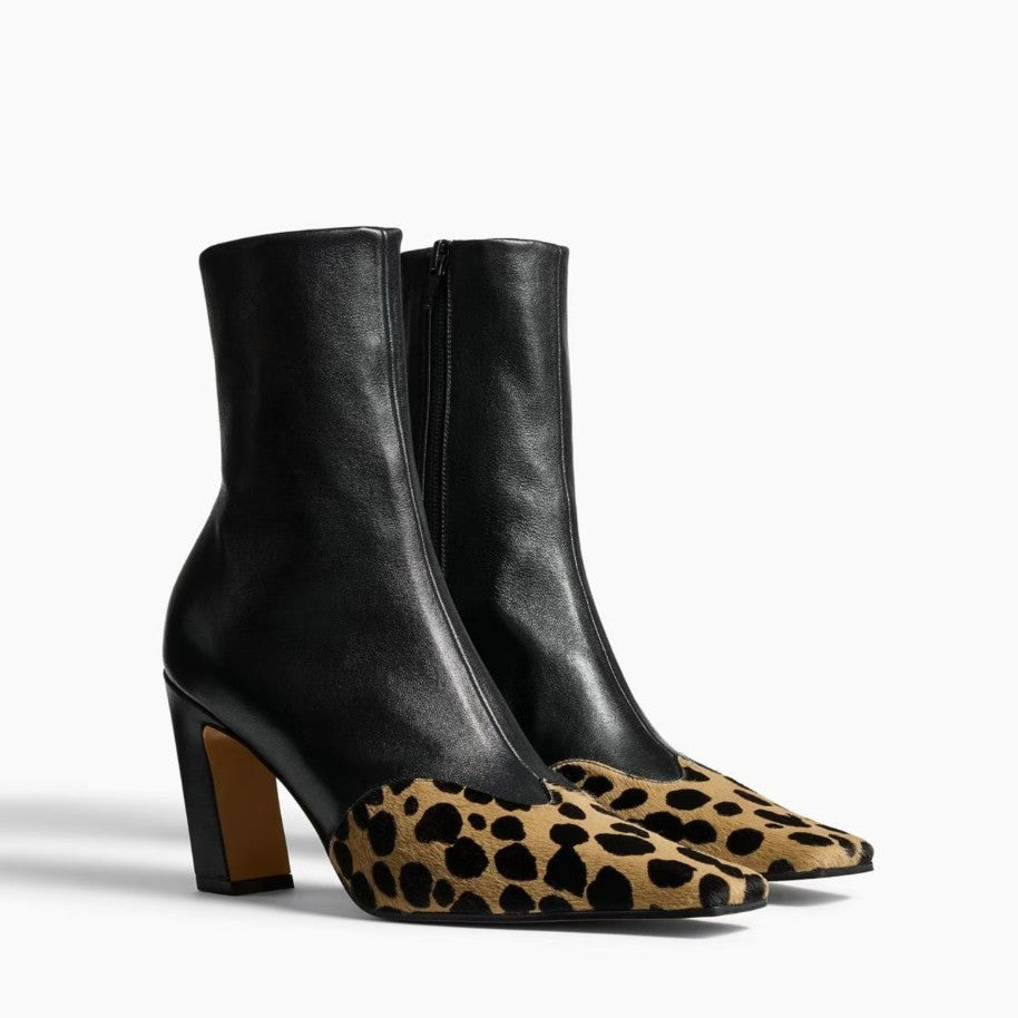 Women Elegant Cowhide Pointed Toe Ankle Boots Low Heel Slip On Elastic Booties