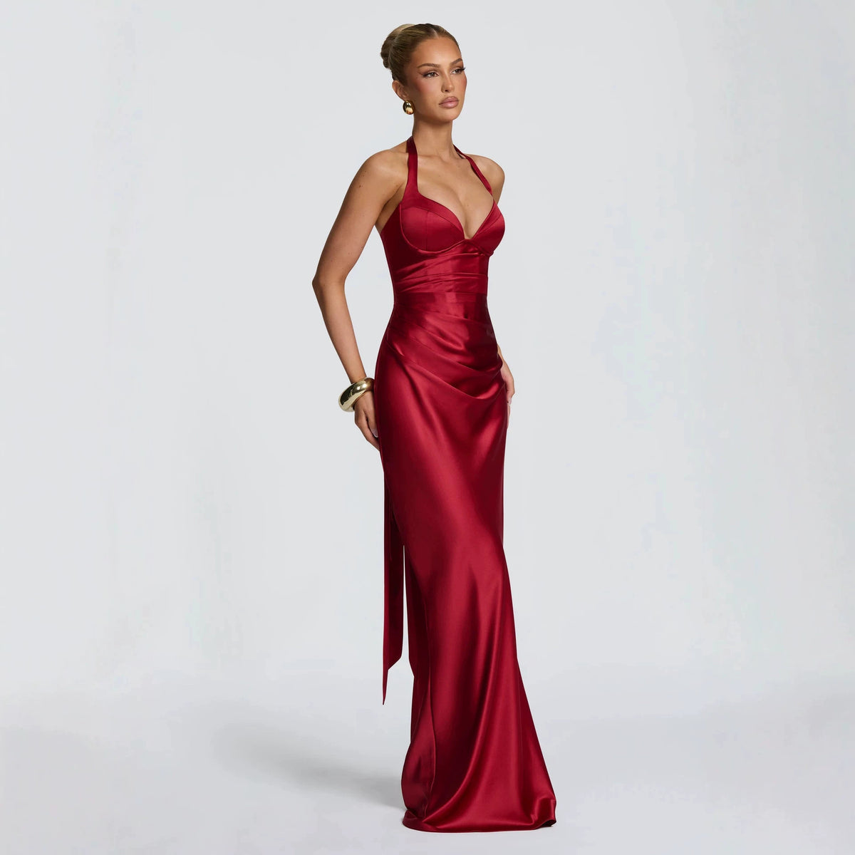 Fashion Elegant Satin Halter Neck Ribbon Backless Cross-Tie Floor-Length Fishtail Gown Dress teemdrop
