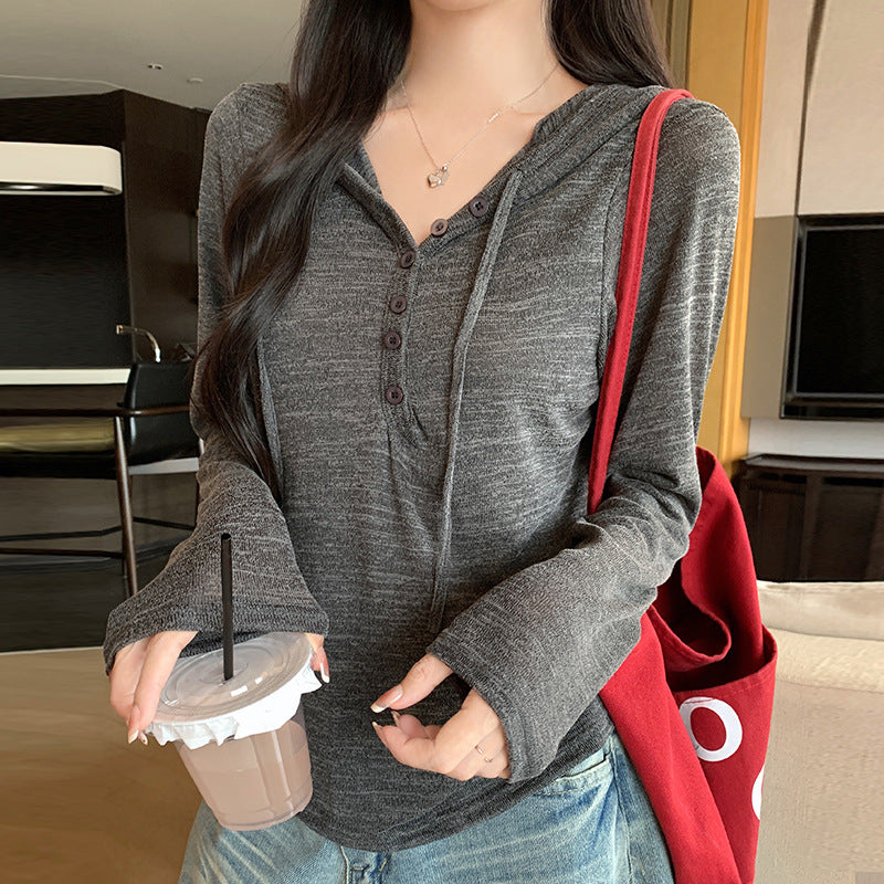 Women's Button-Down Knit Hoodie Long Sleeve Henley T-Shirt teemdrop
