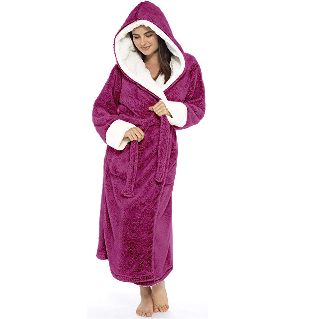 Women Long Plush Bathrobe with Belt Home Loungewear Winter Warm Nightgown