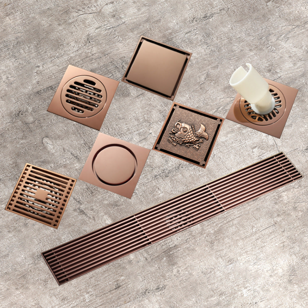 Rose Gold Copper Anti-Odor Concealed Tile Insert Square Linear Floor Drain teemdrop