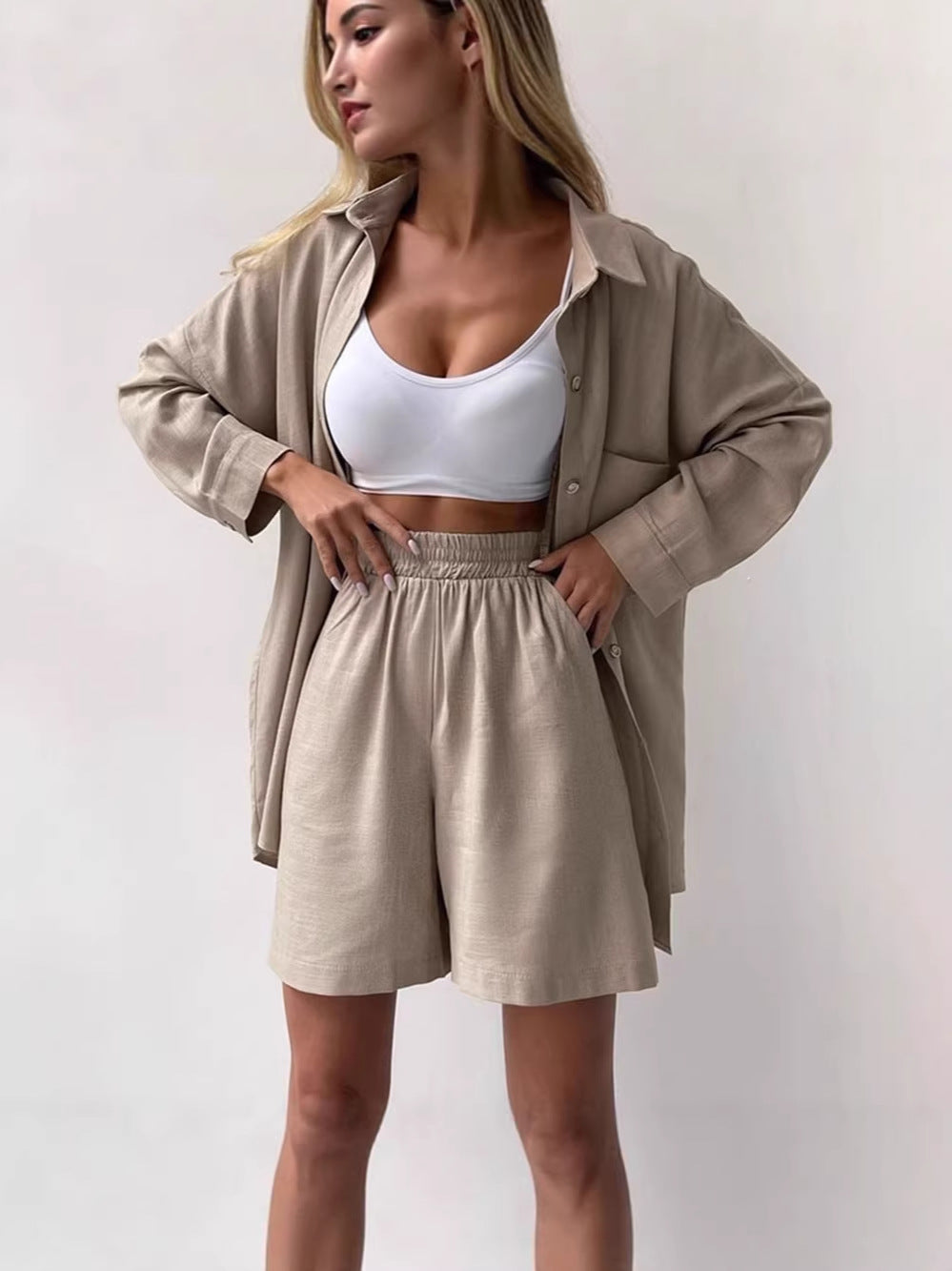 Women's Solid Lapel Shirt and High-Waist Shorts Casual Two-Piece Set teemdrop