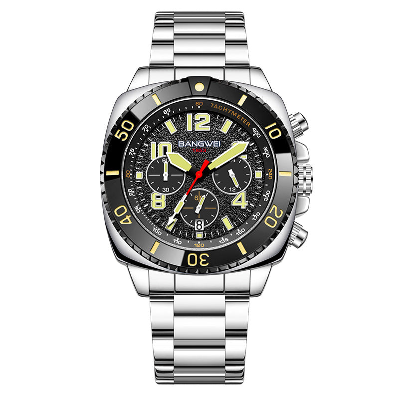 Men's Multifunction Chronograph Calendar Luminous Waterproof Stainless Steel Quartz Watch teemdrop