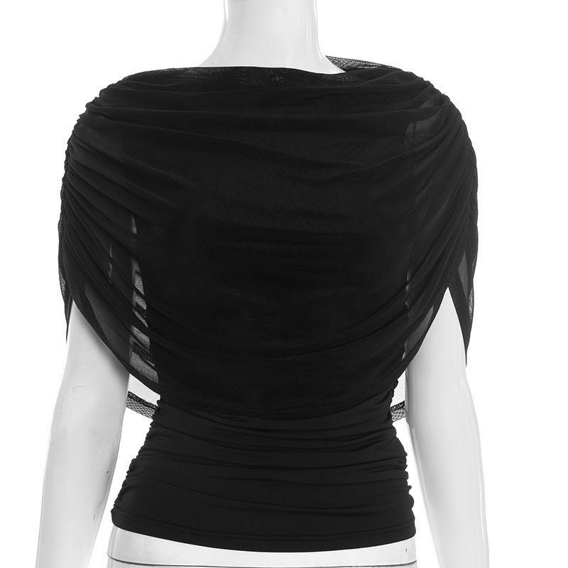 Lady's sleeveless scarf-necked pleated blouse