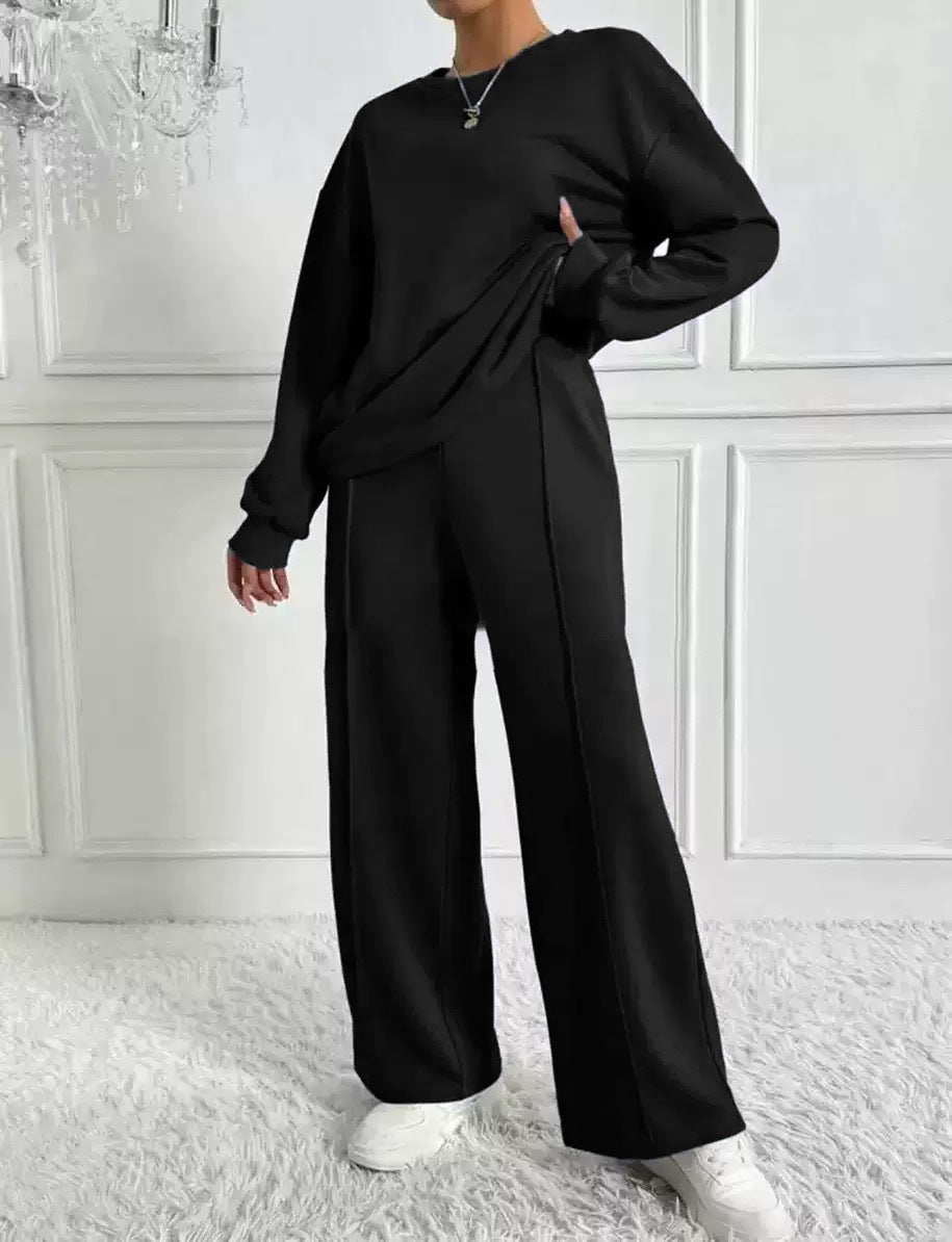 Women's Solid Color Round Neck Long Sleeve Pants Suit Casual Two-Piece Set teemdrop