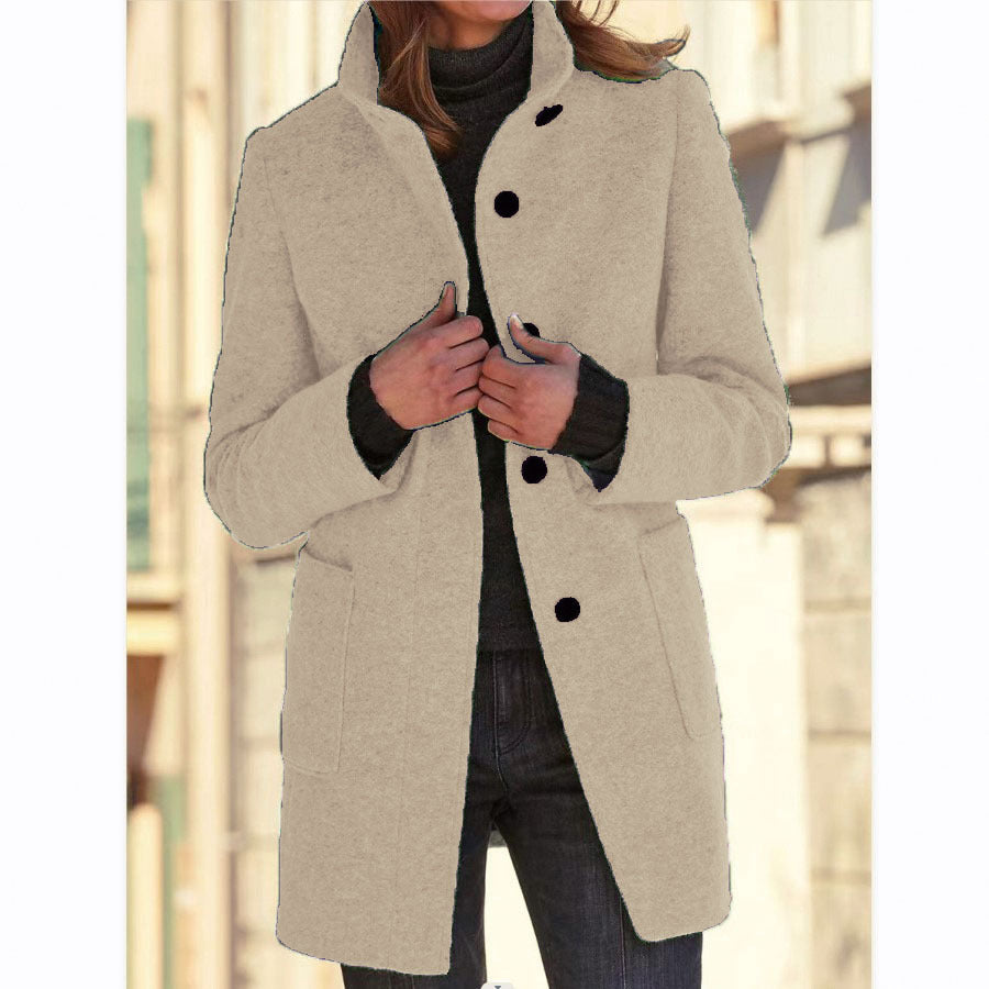 Womens Retro Solid Color Buttoned Stand Collar Coats
