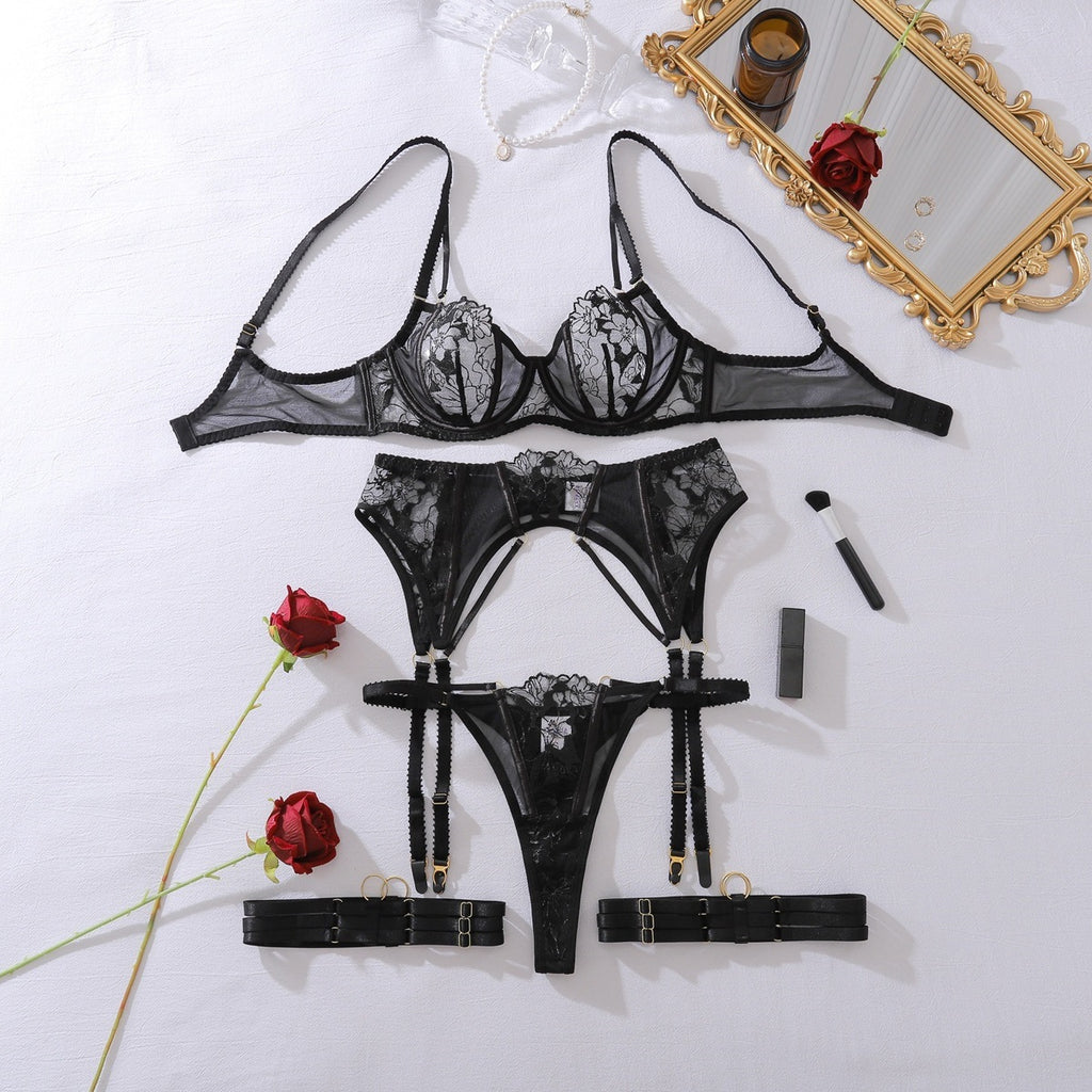 Perspective Embroidered Flower Backless Double Shoulder Strap Underwear Split Set
