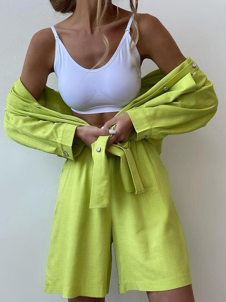 Women's Solid Lapel Shirt and High-Waist Shorts Casual Two-Piece Set teemdrop