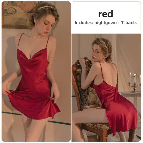Women's Ice Silk Satin Slit Cami Nightgown Sleeveless Loungewear teemdrop