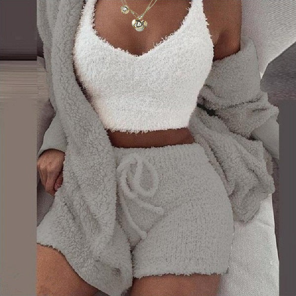 Women's Plush Three-Piece Long Sleeve Vest Shorts Track Set teemdrop