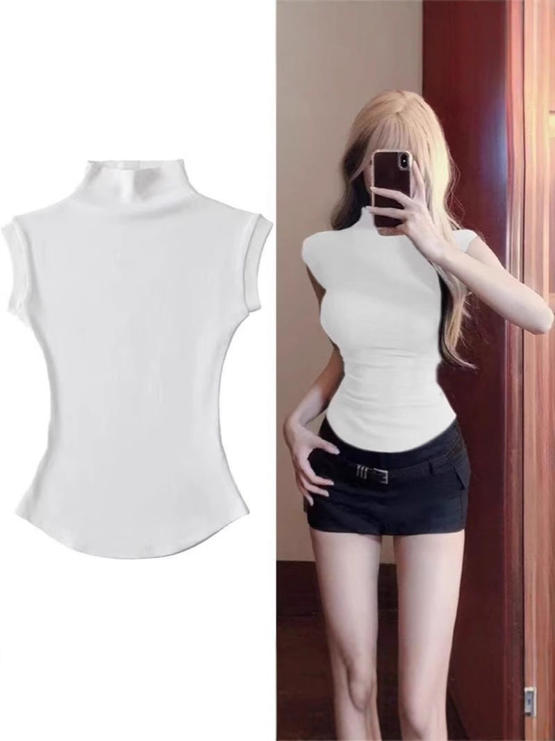 Women's Asymmetrical Half-Turtleneck Short Top Summer Sleeveless Slim Fit Solid Color teemdrop