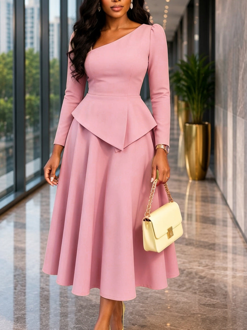 Women's Slanted Neckline Ruffled Waist Midi Dress teemdrop