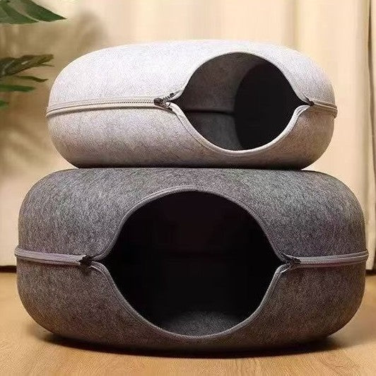 All-Season Warmth Felt Donut Cuddler Cat Bed and Play Tunnel