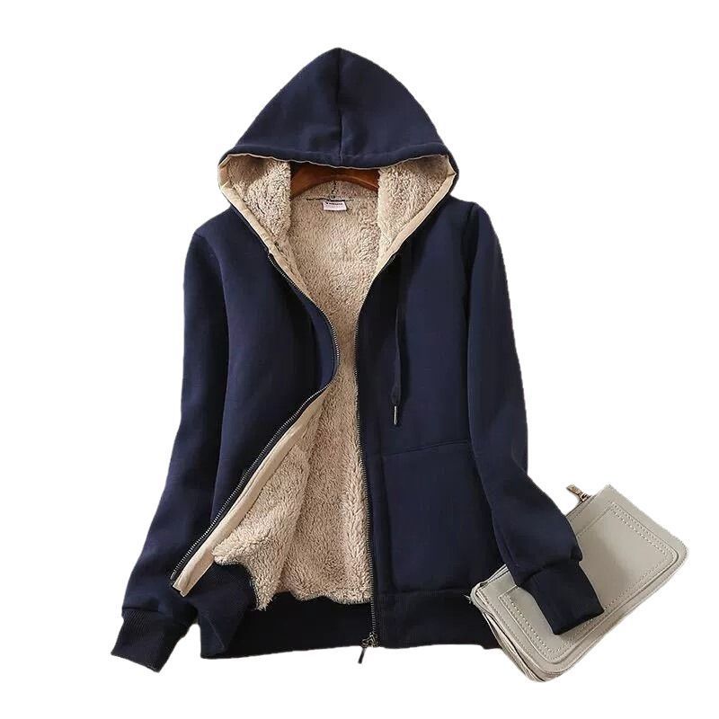 Women's Fleece-Lined Lamb Wool Zip-Up Hooded Cardigan teemdrop