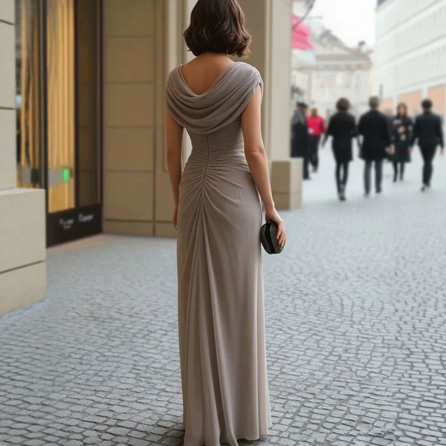 Women's Elegant Pleated Cowl Neck Sleeveless Dress teemdrop