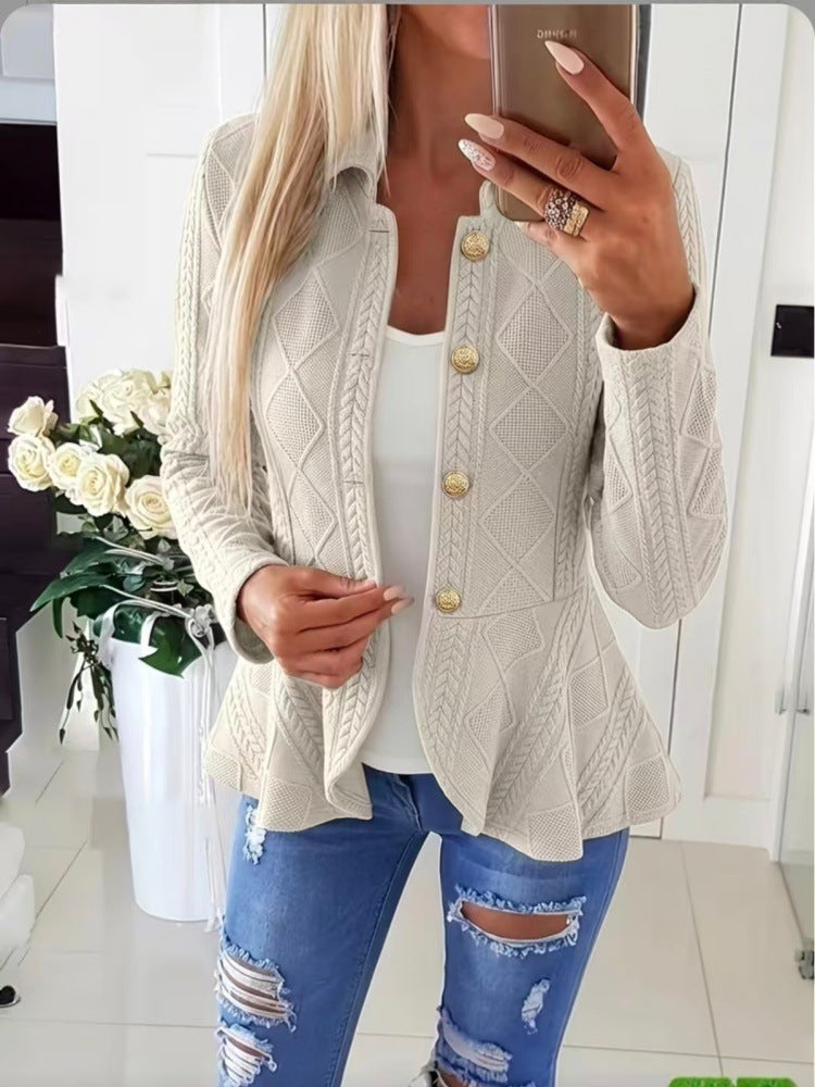 Women's Diamond Pattern Knit Cardigan with Ruffle Hem and Gold Buttons teemdrop