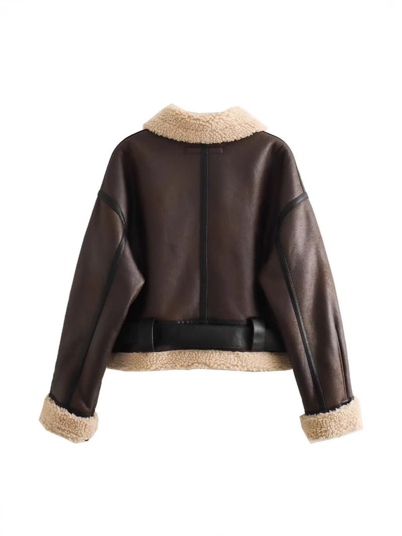 Faux Fur Leather Short Zip-Up Jacket teemdrop