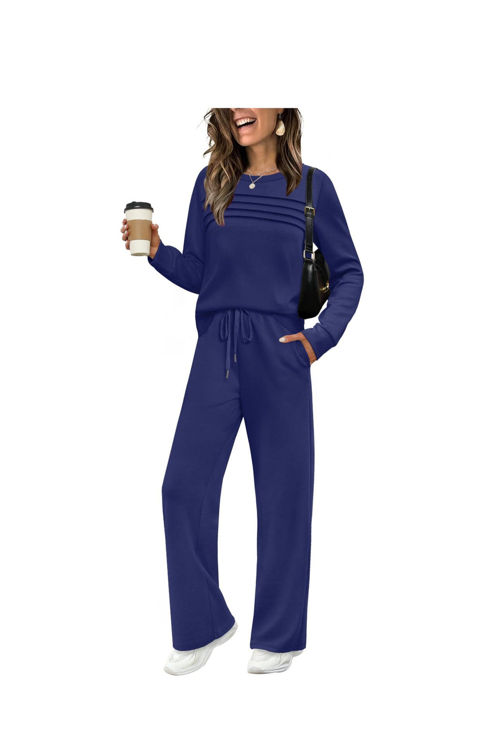 Women's Solid Color Two-Piece Set Pleated Sweatshirt and Wide-Leg Trousers Casual Knit Suit teemdrop