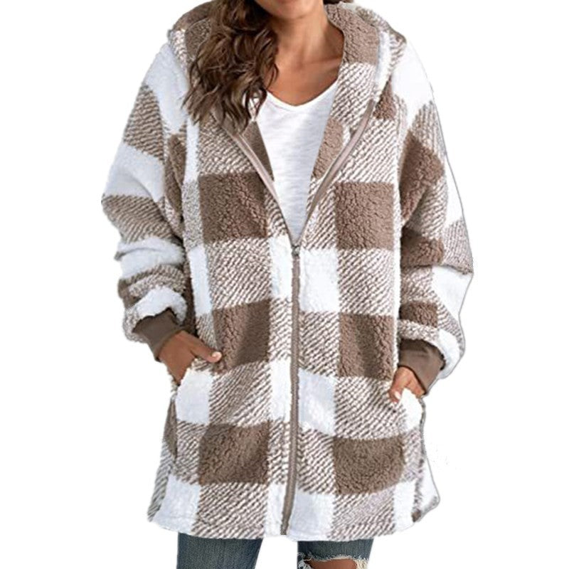 Women's Plush Long Sleeve Plaid Hooded Zip-Up Loose Coat