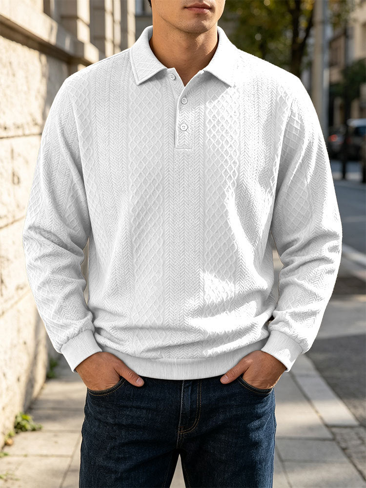 Men's Jacquard Knit Polo Sweatshirt Long Sleeve Turn-Down Collar Loose Fit Top teemdrop