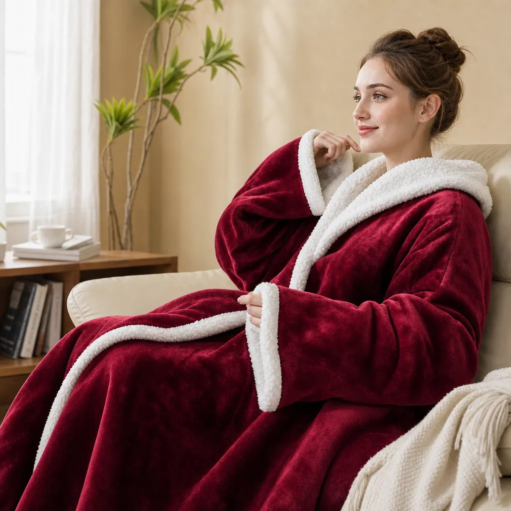 Wearable Electric Heating Shawl with Sleeves Hood and Foot Pockets Washable Flannel