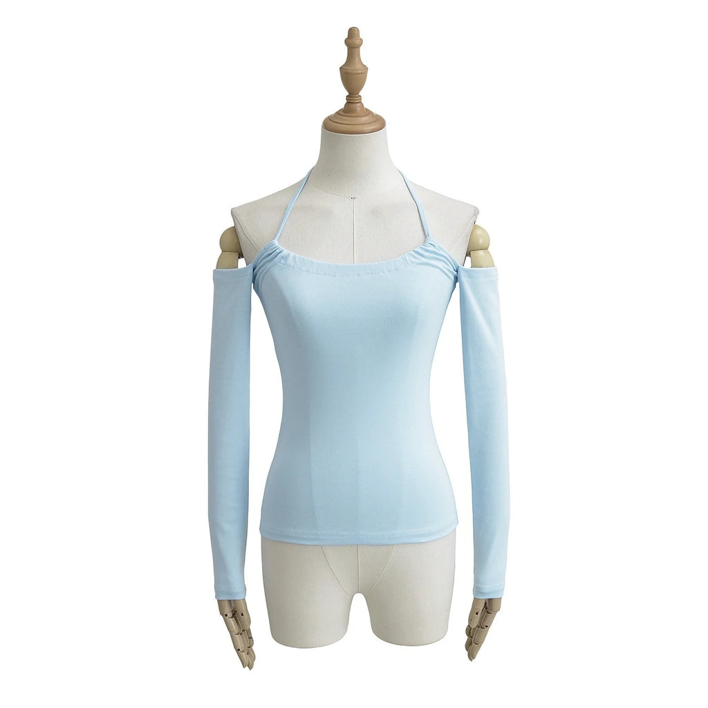 Off Shoulder Halter Neck Long Sleeve Crop Top teemdrop