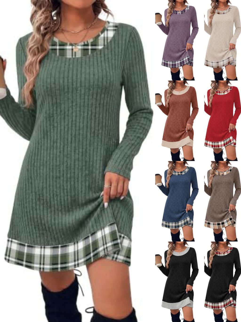 Women's Autumn Winter Plaid Patchwork Bodycon Knitted Sweater Dress teemdrop