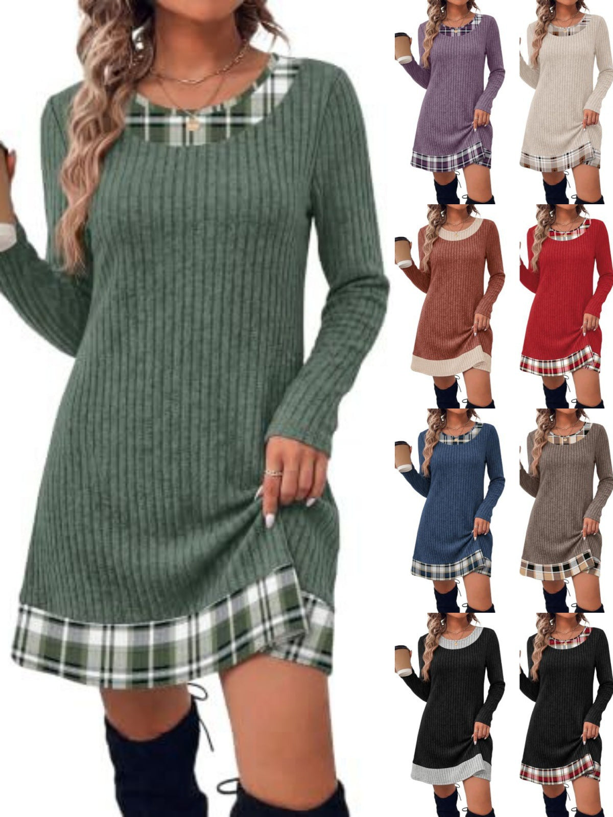 Women's Autumn Winter Plaid Patchwork Bodycon Knitted Sweater Dress teemdrop