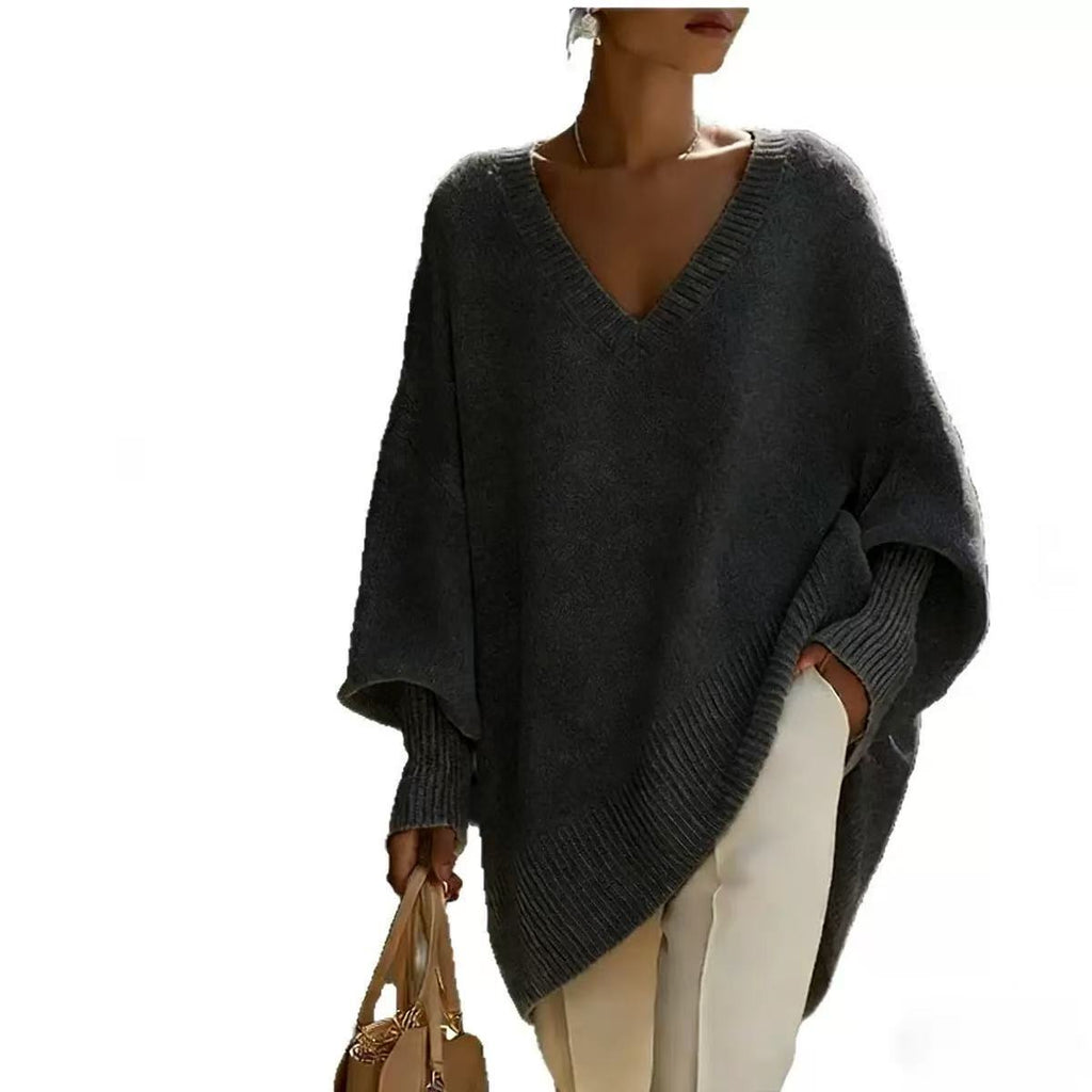 Solid-color long-sleeved V-neck relaxed style sweater for women, loose knitted top teemdrop