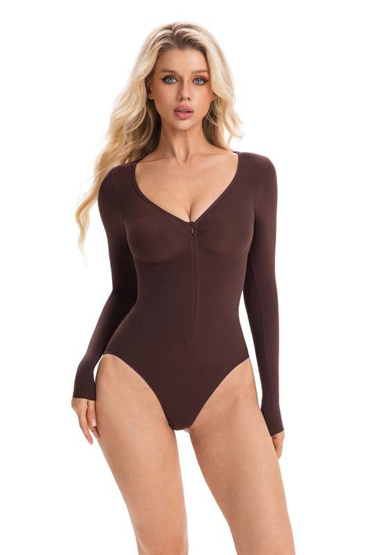 Seamless Zippered V-Neck Long-Sleeve Bodysuit teemdrop