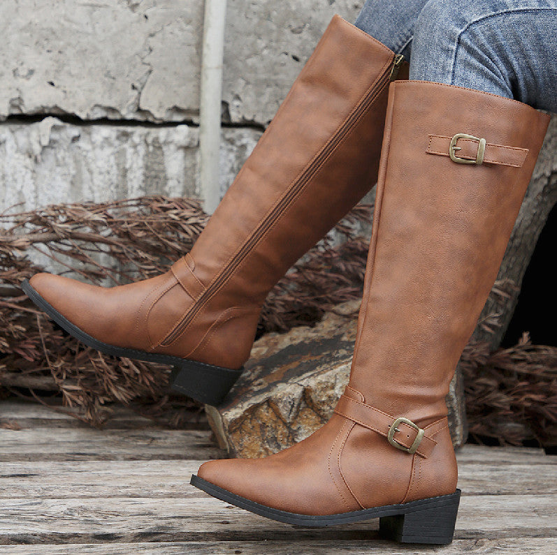 Women's Chunky Heel High Tube Boots with Square Buckle and Side Zipper teemdrop