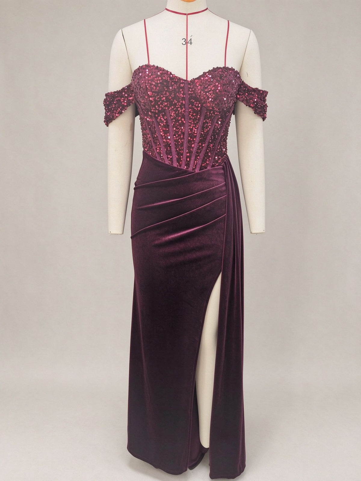 Off Shoulder Sequin Pleated Satin Evening Dress With Slit teemdrop