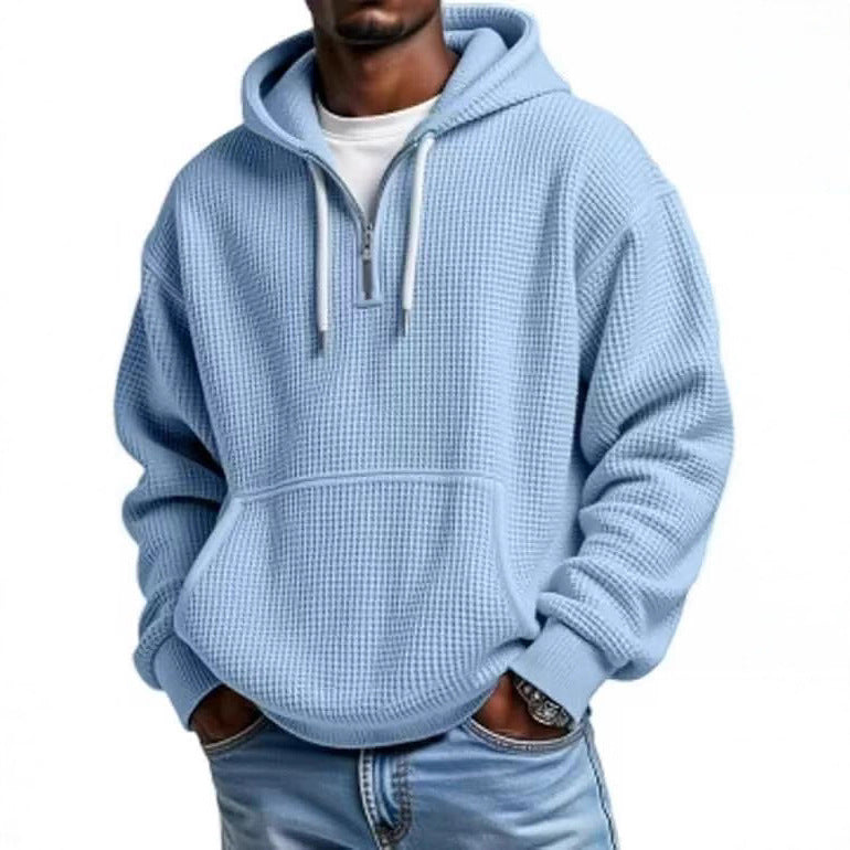 Mens Heavyweight Full-Zip Waffle Hooded Sweatshirt Long Sleeve Solid Color Casual Jacket teemdrop