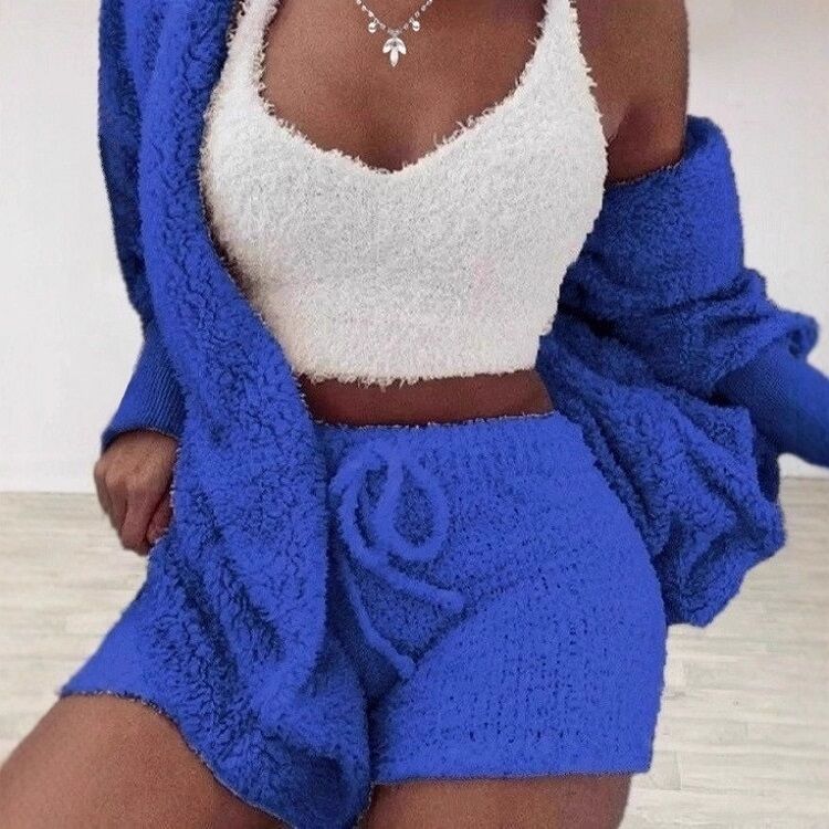 Women's Plush Three-Piece Long Sleeve Vest Shorts Track Set teemdrop