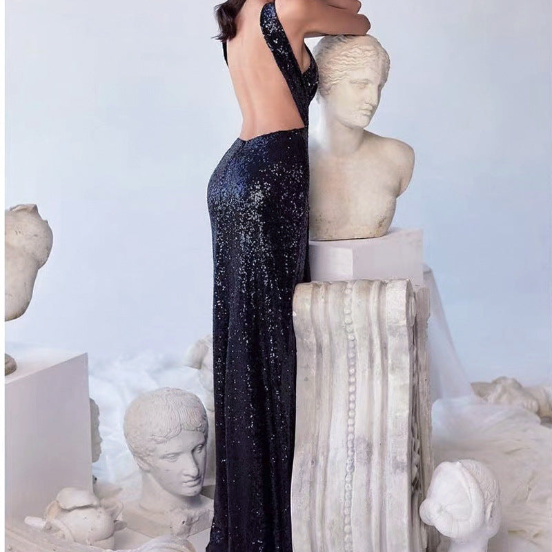 2025 Cross-Border Spring Sexy Party Sequined Irregular Temperament Evening Dress Women's European and American Amazon Halter Dress