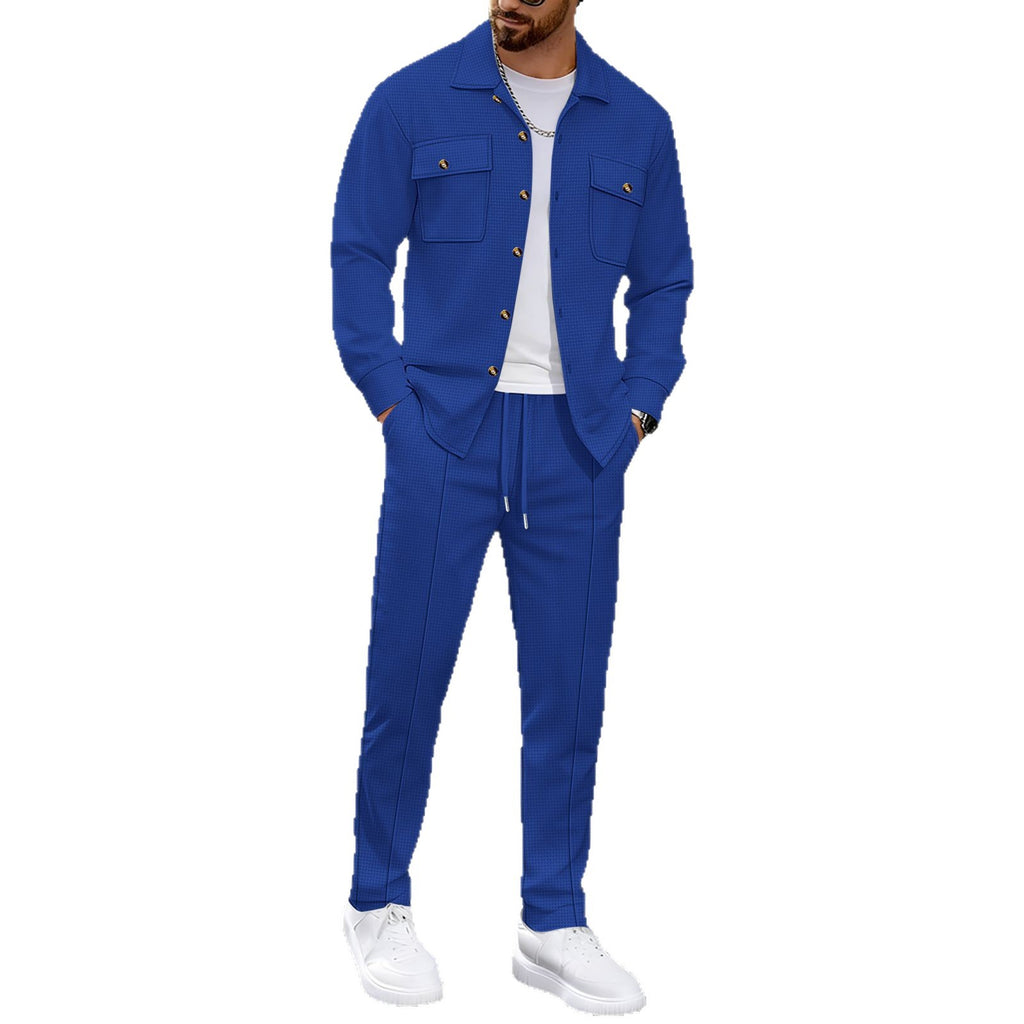 Men's Casual Waffle Solid Color Track Suit Long Sleeve Lapel Jacket and Pants Two-Piece Set teemdrop