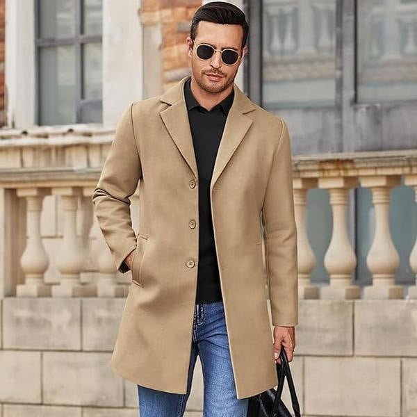 Men's Long Wool Coat Classic Loose Fit Lapel Overcoat teemdrop