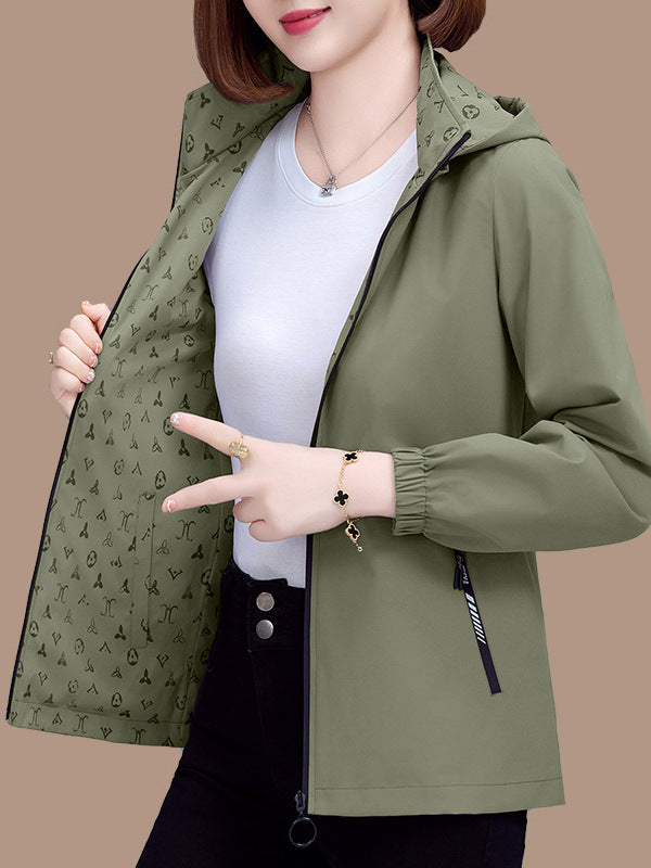 Women Reversible Hooded Long Sleeve Loose Polyester Windbreaker Jacket teemdrop