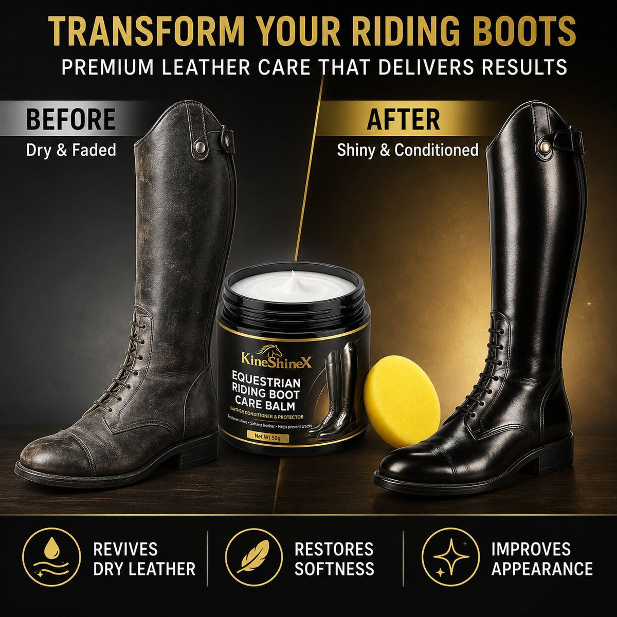 Equestrian Riding Boot Care Cream 50g with Sponge - Nourishes Polishes and Prevents Cracking on Genuine Leather Long Boots teemdrop