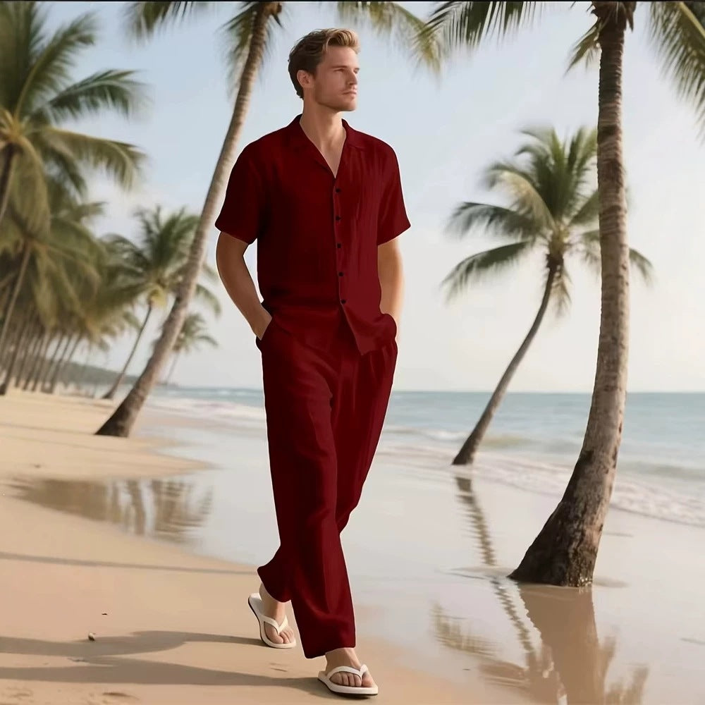 Mens Solid Color Short Sleeve Shirt and Drawstring Long Pants Two Piece Outfit teemdrop