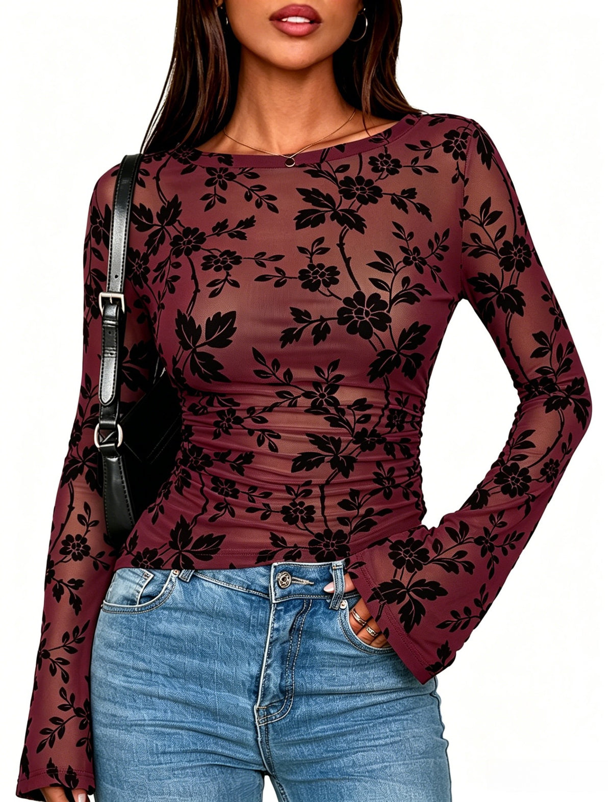 Women's Floral Flocked Mesh Slim Fit Long Sleeve T-Shirt teemdrop