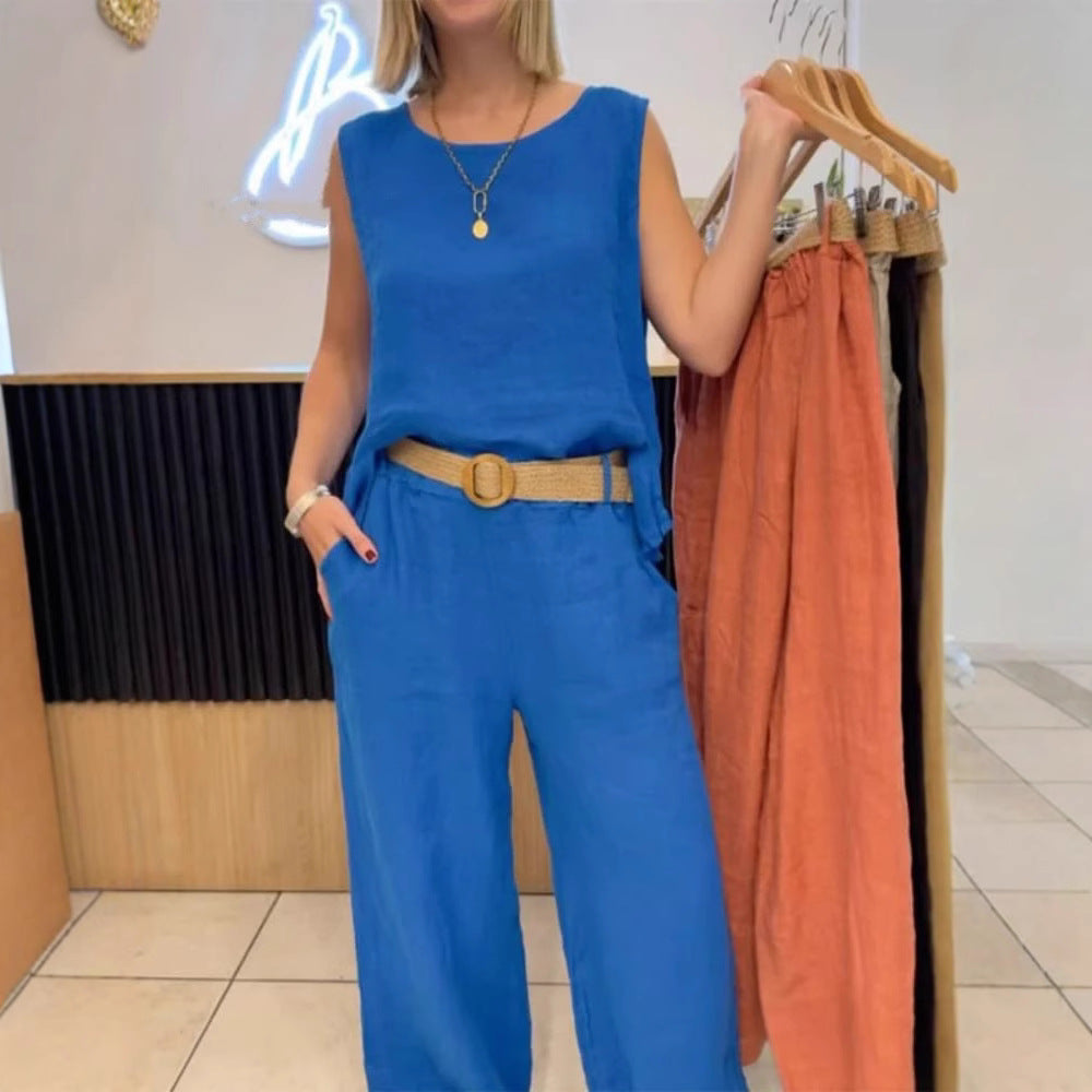 Women's Summer Cotton Linen Solid Color Sleeveless Two-Piece Pantsuit Set teemdrop