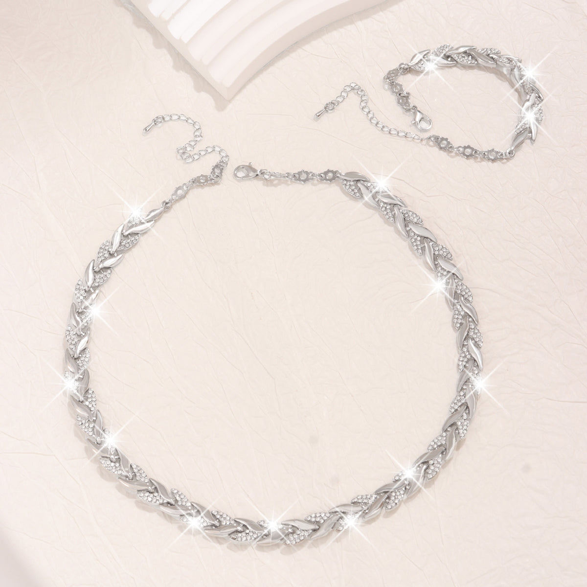 Willow Leaf Diamond Necklace and Bracelet Set, Sparkling Rhinestone Jewelry for Women