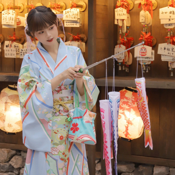 Womens Traditional Retro Japanese Camellia Print Kimono Dress with Girdle and Fan Headdress Set teemdrop