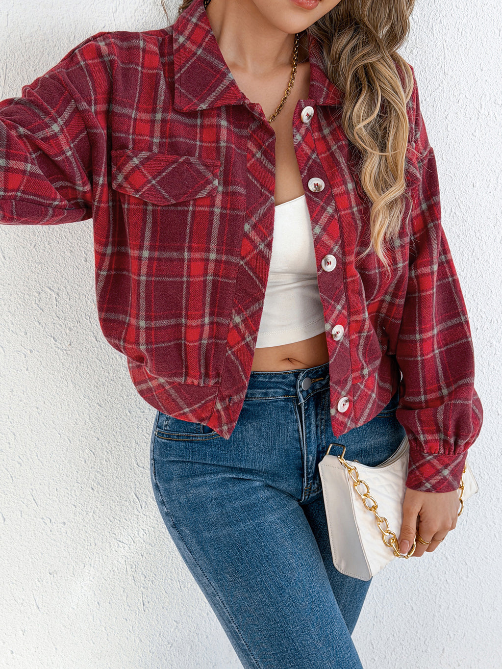 Women's Plaid Long Sleeve Lapel Woolen Jacket with Button Closure teemdrop