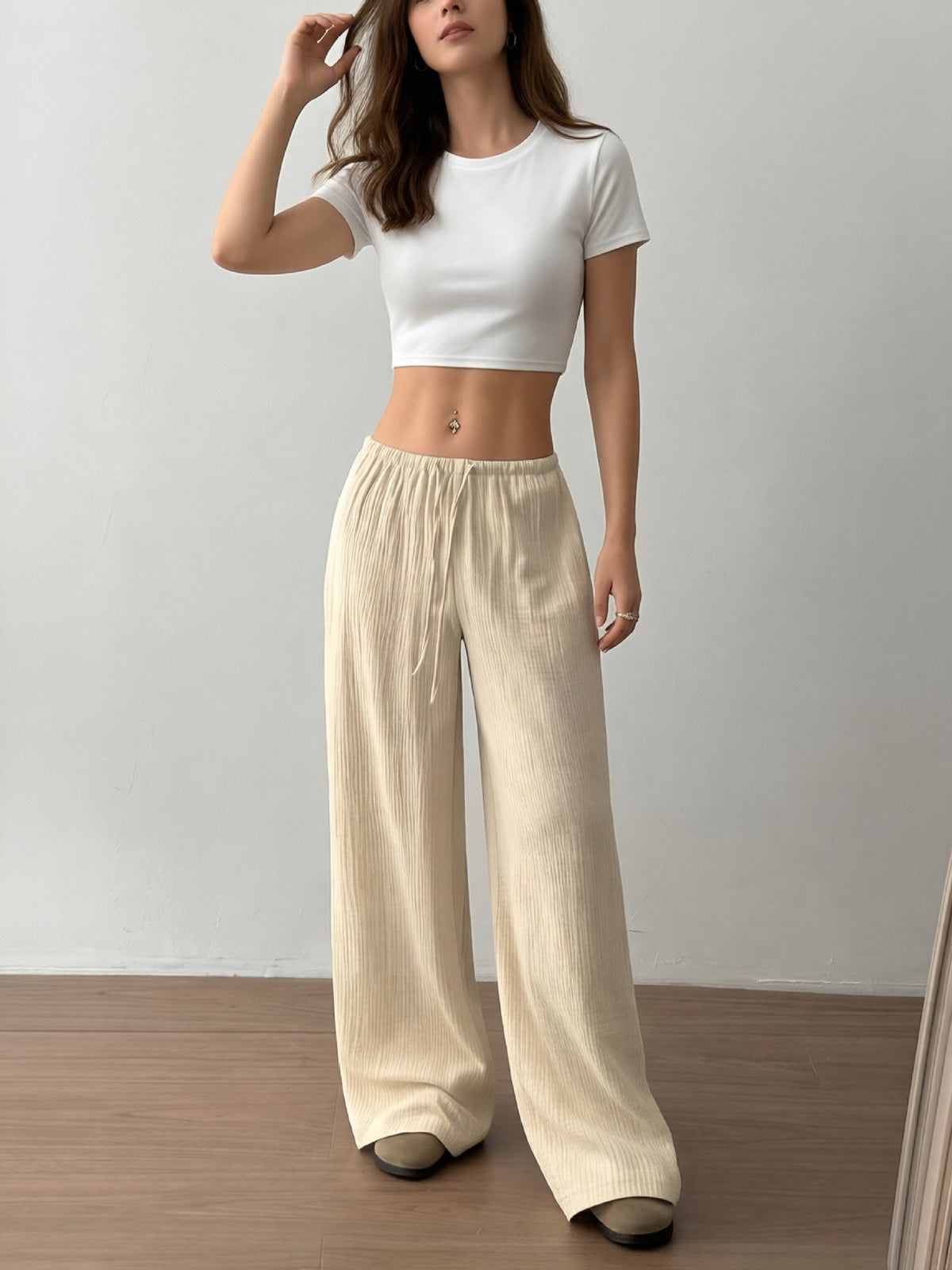 Women's Textured High Waist Drawstring Drapey Wide Leg Pants teemdrop