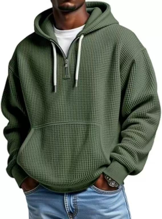 Mens Heavyweight Full-Zip Waffle Hooded Sweatshirt Long Sleeve Solid Color Casual Jacket teemdrop