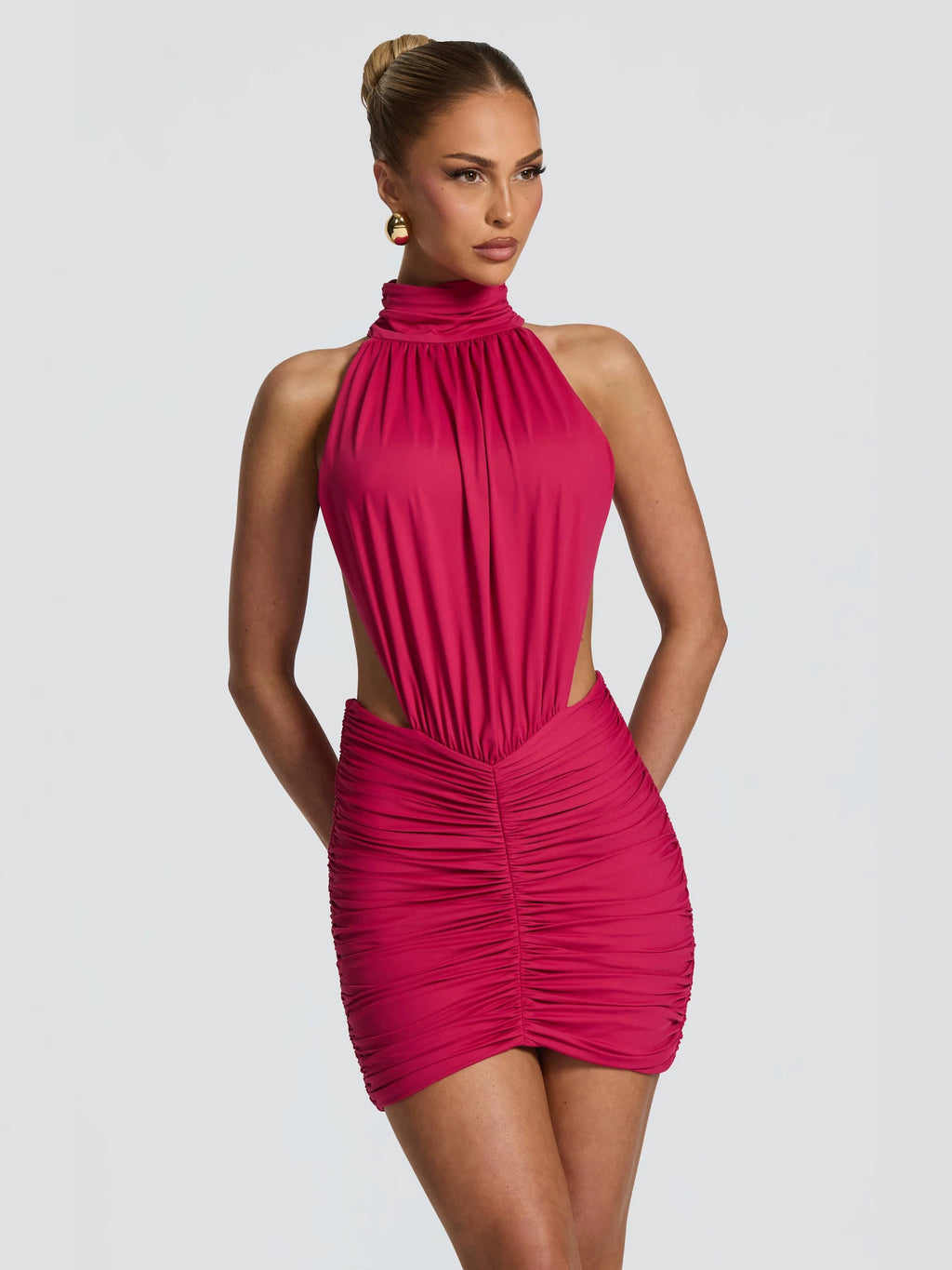Women's Halter Neck Cut-Out Ruched Bodycon Mini Dress Sleeveless teemdrop